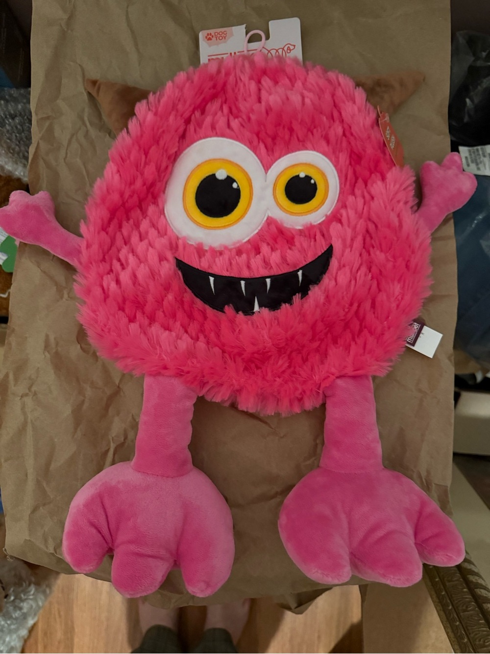 Plush Pink Fuzzy Monster Toy for Dogs